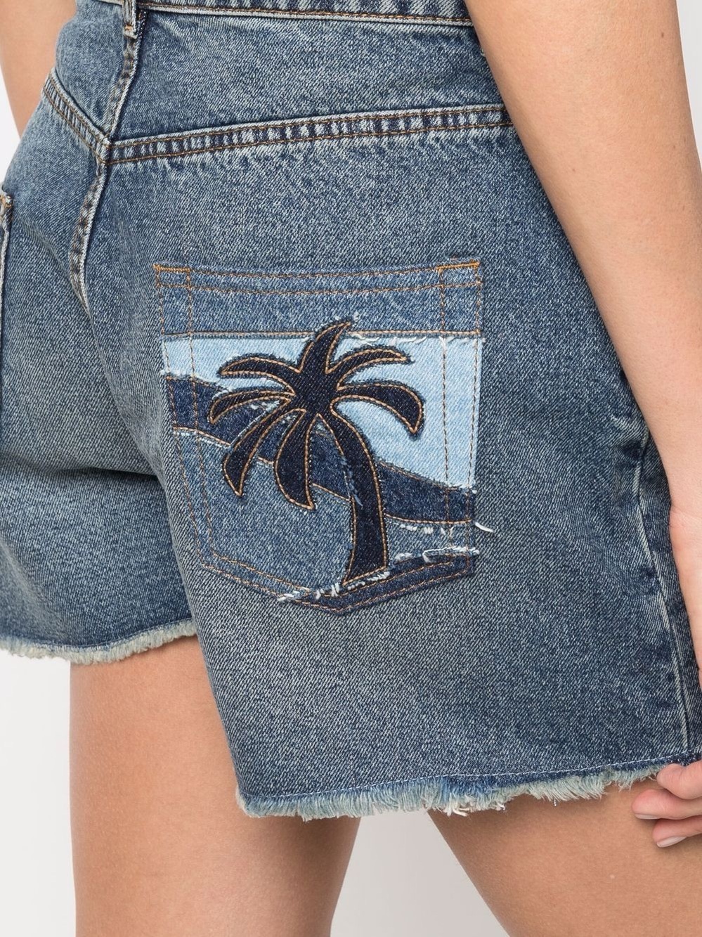 Palm Angels Blue Denim Palm Appliqué Shorts